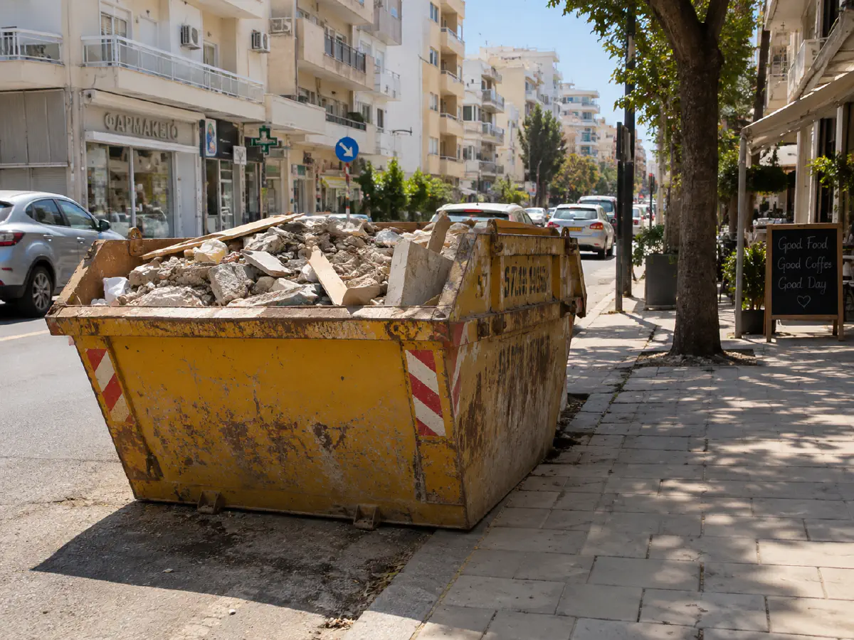 Yellow skip full of renovation rubble parked at the kerb on a city street lined with apartment blocks