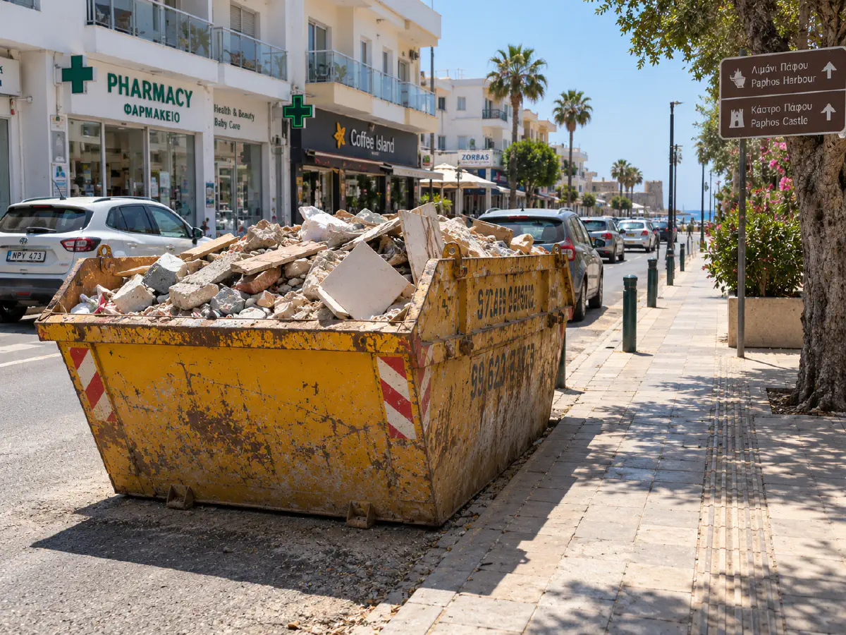 Yellow skip full of renovation rubble at the kerb on a palm-lined Paphos street, with signs pointing to Paphos Harbour and Paphos Castle